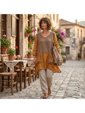 Cheyenne Linen Lagenlook Tunic Top S/M Brown Orange Colorblock Pockets Oversized